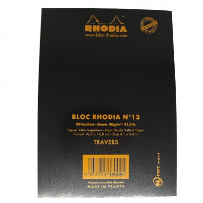 Black Rhodia Bloc No. 13 A6 Head-Stapled Lined Paper Notepad 105 x 148