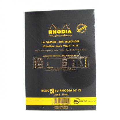 Black Rhodia R Bloc No. 12 Head-Stapled Lined Paper Notepad 85 x 120