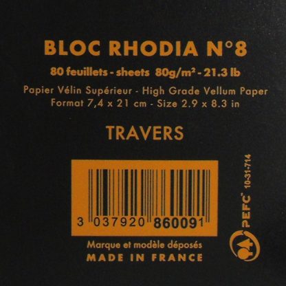 Genuine Black Rhodia Bloc No. 8 Head-Stapled Lined Paper Notepad 74 x 210