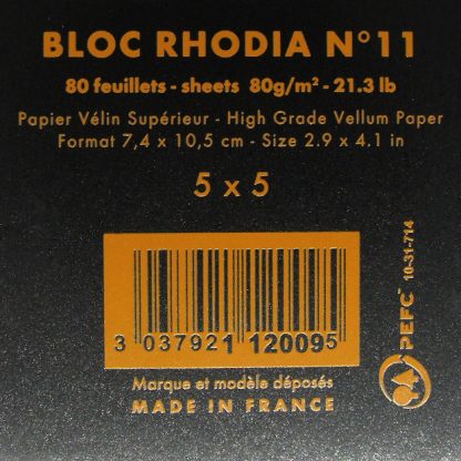 Genuine Rhodia Bloc No. 11 Head-Stapled Squared Paper Notepad 74 x 105 (Black)