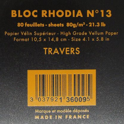 Genuine Rhodia Bloc No. 13 A6 Head-Stapled Lined Paper Notepad 105 x 148 (Black)