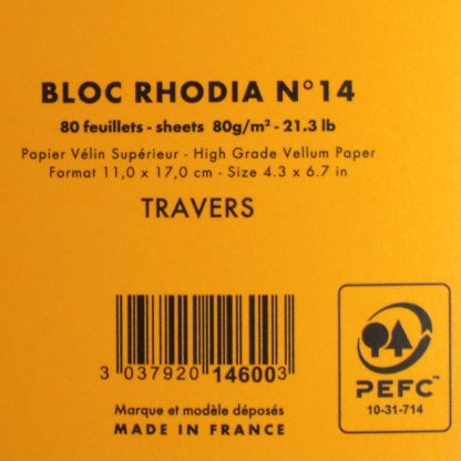 Genuine Rhodia Bloc No. 14 Head-Stapled Lined Paper Notepad 110 x 170 (Orange)