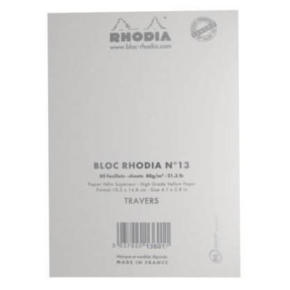 Ice White Rhodia Bloc No. 13 A6 Head-Stapled Lined Paper Notepad 105 x 148